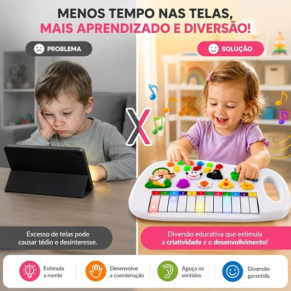 Pianinho Infantil Educativo com Luzes, Sons e Animais da Fazendinha
