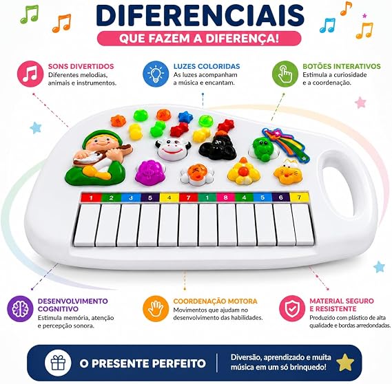 Pianinho Infantil Educativo com Luzes, Sons e Animais da Fazendinha