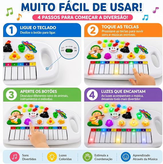 Pianinho Infantil Educativo com Luzes, Sons e Animais da Fazendinha