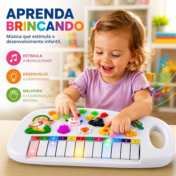 Pianinho Infantil Educativo com Luzes, Sons e Animais da Fazendinha