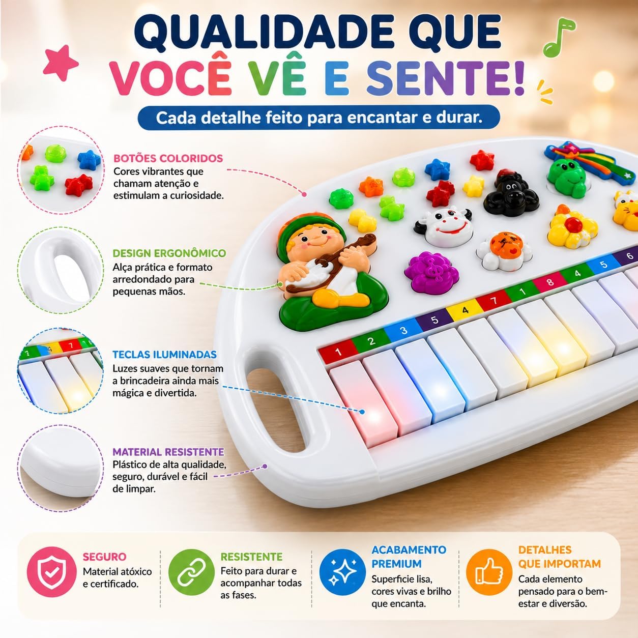 Pianinho Infantil Educativo com Luzes, Sons e Animais da Fazendinha