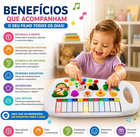 Pianinho Infantil Educativo com Luzes, Sons e Animais da Fazendinha